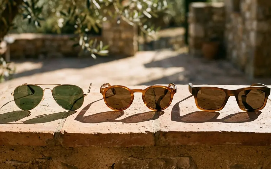 Three pairs of sunglasses resting on a pale wall in the sun.